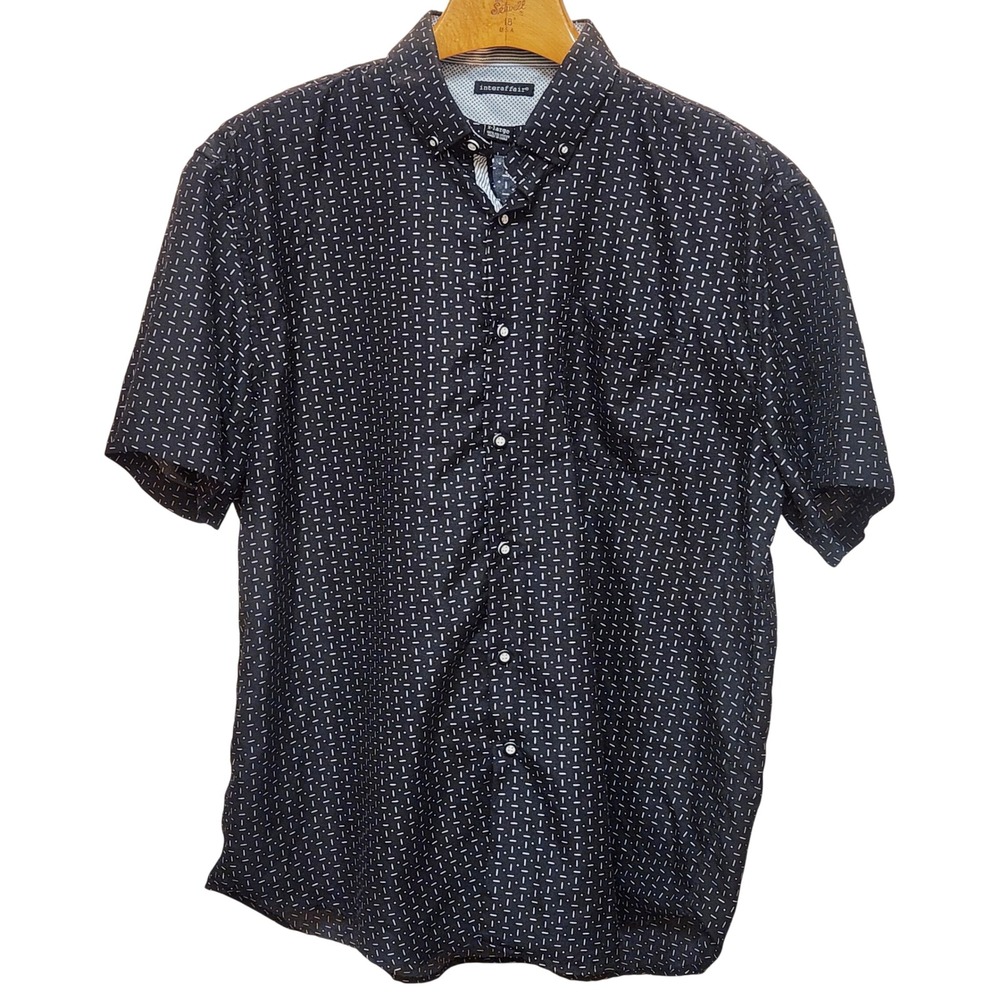 Interaffair Mens XL Short Sleeve Button Down Shirt Geometric Print Black White
